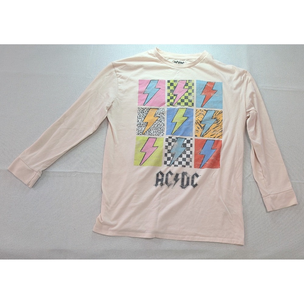 AC/DC Graphic T-Shirt Kids XXL 16/18 Peach Excellent Long Sleeve Rock Band Bolt